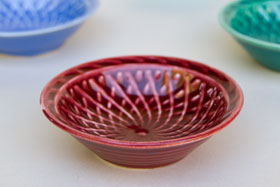 Vintage Harlequin Maroon Color Basketweave Nut Dish For Sale