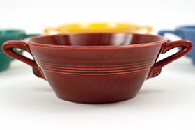 Vintage Harlequin Pottery Cream Soup Bowl in Original Maroon Glaze 30s Art Deco Dinnerware