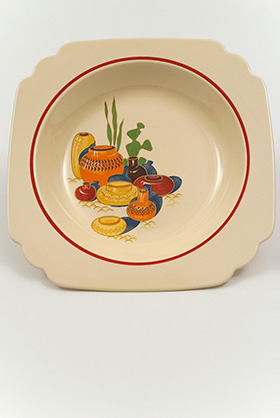 Mexicana Decalware Homer Laughlin Ivory Deep Plate with Southwestern Theme Decals and Red Stripes