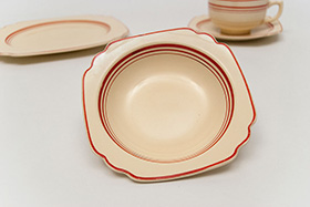 Extremely Rare Tripe Graduating Red Stripe Luncheon Plate Vellum Glaze For Sale Vintage Pottery 30s Americana Art Deco Dinnerware
Extremely Rare Tripe Graduating Red Stripe Luncheon Plate Vellum Glaze For Sale