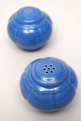 Riviera Pottery Homer Laughlin Salt Pepper Shakers in Mauve Blue Glaze