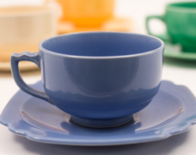 Vintage Riviera Pottery Teacup and Saucer Set in Original Mauve Blue Glaze