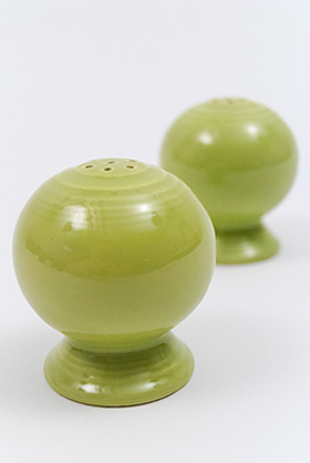 Vintage Fiestaware Salt and Pepper Shakers in Original 50s Chartreuse Glaze For Sale Vintage Fiestaware Salt and Pepper Shakers in Original 50s Chartreuse Glaze For Sale