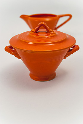 Vintage Harlequin Sugar and Creamer Set in Radioactive Red Glaze