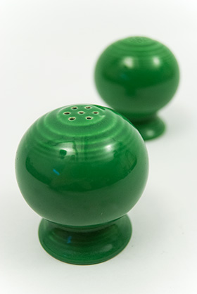 Vintage Fiestaware Salt and Pepper Shakers in Original Original Medium Green Glaze For Sale Vintage Fiestaware Salt and Pepper Shakers in Original Original Medium Green Glaze For Sale