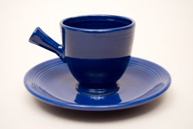 Vintage Fiestaware Demitasse Stick Handle Cup and Saucer Set in Original Cobalt Blue Glaze For Sale Vintage Fiestaware Demitasse Stick Handle Cup and Saucer Set in Original Cobalt Blue Glaze For Sale
