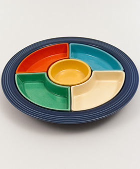 Fiesta Relish Tray: Complete, Original All Red Vintage Fiestaware For Sale Fiesta Relish Tray: All Six Original Colors on Green Base