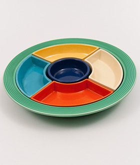 Fiesta Relish Tray: Complete, Original All Red Vintage Fiestaware For Sale Fiesta Relish Tray: All Six Original Colors on Green Base