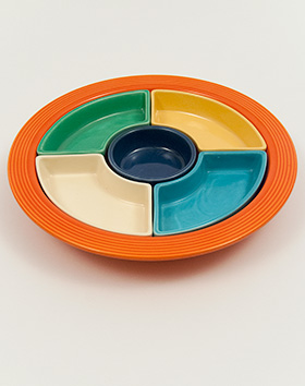 Fiesta Relish Tray: Complete, Original All Red Vintage Fiestaware For Sale Fiesta Relish Tray: All Six Original Colors on Red Base