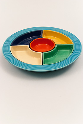 Fiesta Relish Tray: Complete, Original All Red Vintage Fiestaware For Sale Fiesta Relish Tray: All Six Original Colors on Green Base