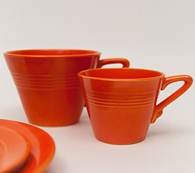 Harlequin Demitasse Cup Saucer Set Original Red Glaze
