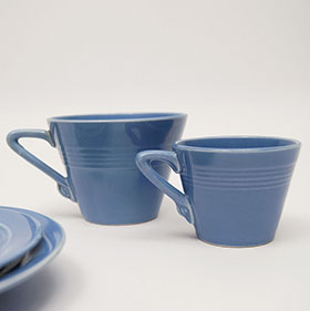 Harlequin Demitasse Cup Saucer Set Mauve Blue Glaze