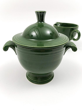 Vintage Fiesta Sugar Bowl and Creamer Set in Original 50s Forest Green Glaze