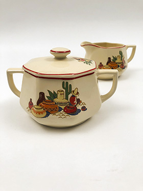 Yellowstone Homer Laughlin Maxicana Sugar Creamer Set with Red Stripe 1941