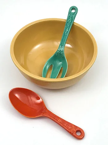1940 Vintage Fiestaware Promotional Unlisted Salad bowl and Utensil Set with green fork and red spoon