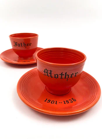 rare red fiestaware flat bottom teacup and saucer set with mother father decals from 1936