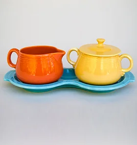 vintage fiestaware promotional figure 8 tray in turquoise with red individual creamer for sale