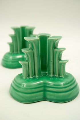 Vintage Fiesta Tripod Candleholders in Original Green Glaze For Sale