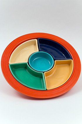 Fiesta Relish Tray: Complete, Original All Red Vintage Fiestaware For Sale Fiesta Relish Tray: All Six Original Colors on Red Base