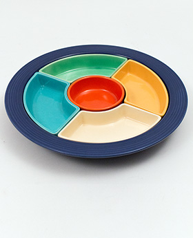 Fiesta Relish Tray: Complete, Original All Red Vintage Fiestaware For Sale Fiesta Relish Tray: All Six Original Colors on Green Base