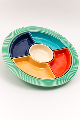 Fiesta Relish Tray: Complete, Original All Red Vintage Fiestaware For Sale Fiesta Relish Tray: All Six Original Colors on Green Base