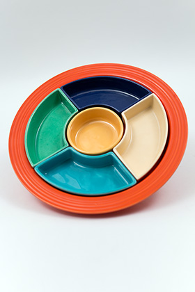 Fiesta Relish Tray: Complete, Original All Red Vintage Fiestaware For Sale Fiesta Relish Tray: All Six Original Colors on Red Base
