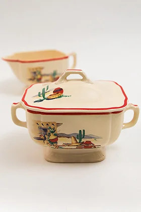 Hacienda Decalware Homer Laughlin Lidded Sugar and Creamer set with decals and red stripes