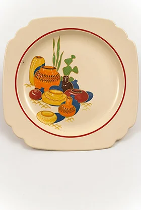 Mexicana Decalware Homer Laughlin Ivory Luncheon Plate with Southwestern Theme Decals and Red Stripes